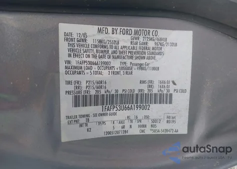 2006 Ford Taurus Se from USA, damaged, VIN 1FAFP53U66A199002